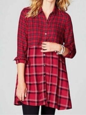 J. Jill Mixed Plaid Button Up Long Sleeve Tunic Dress Blouse Size Large